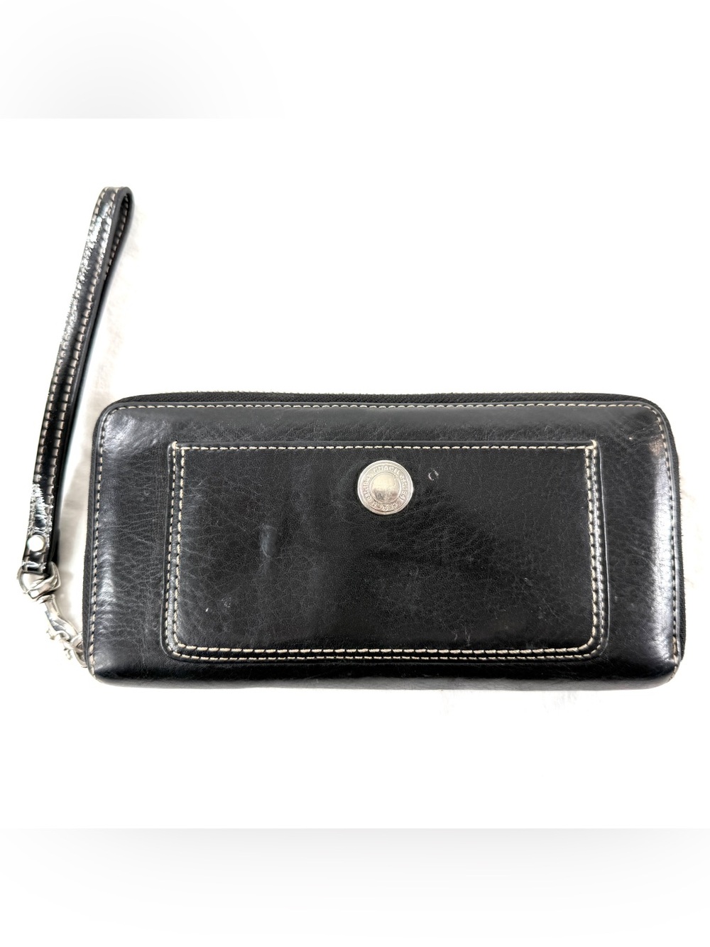 Coach Black Leather Mini Bag Zip Around Wallet Wristlet Strap Logo